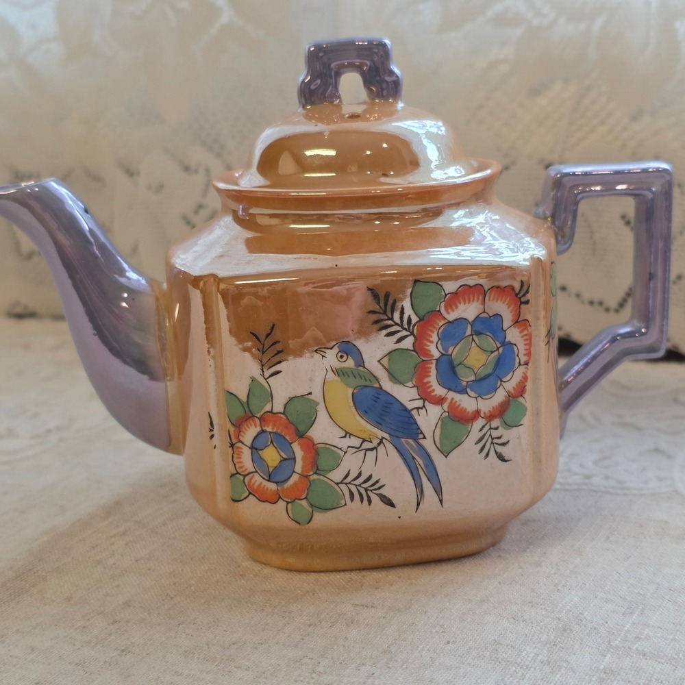 Vintage Japan Teapot Small 5" Peach Lusterware Hand Painted Bird Floral Art Deco